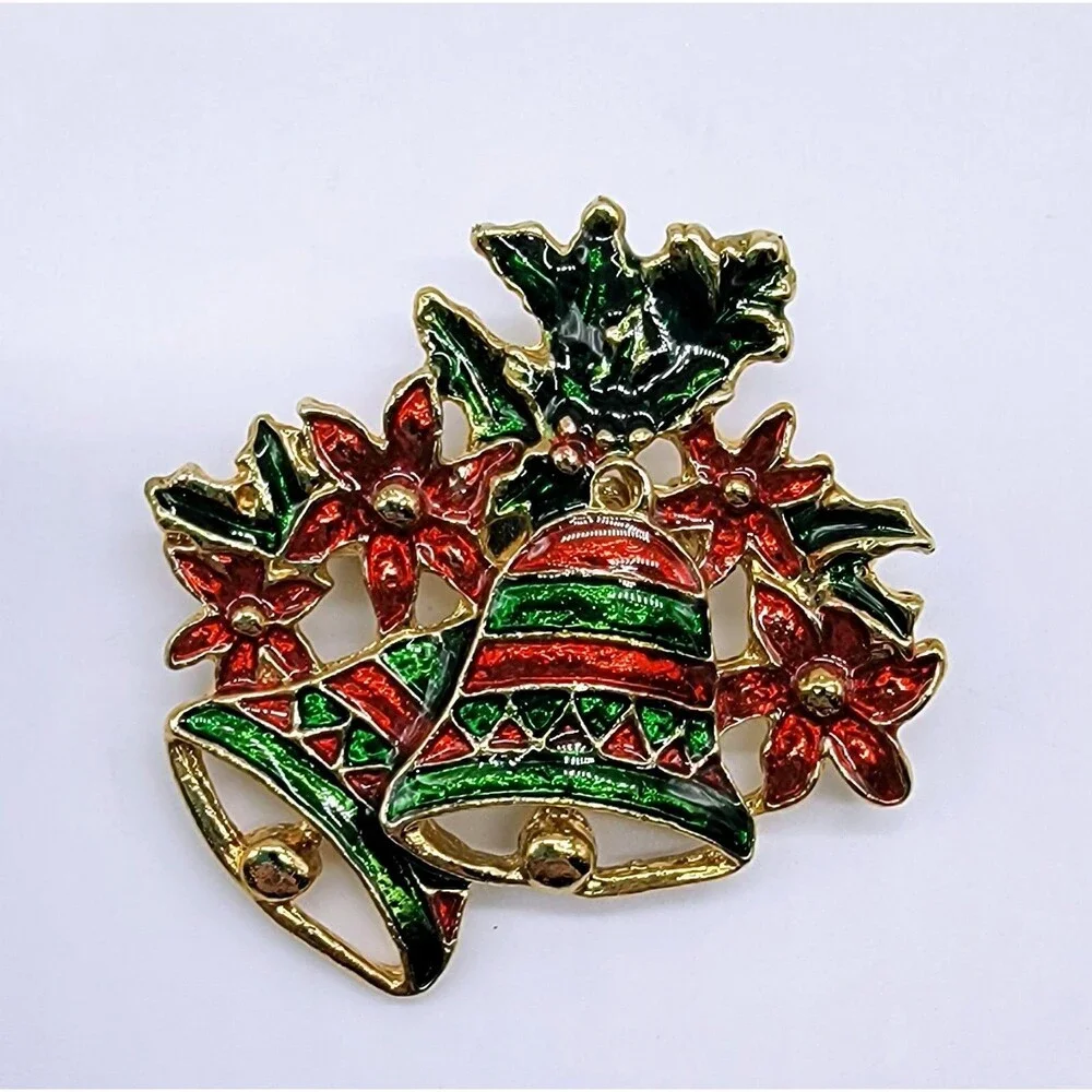 Christmas Poinsettia Brooch Pin Bells Enamel Gold Tone Red Green Holiday